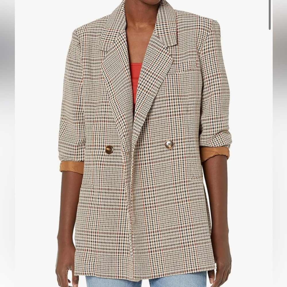 Steve Madden Stella Houndstooth Check Wool Blend Blazer Tan Brown Ivory Small